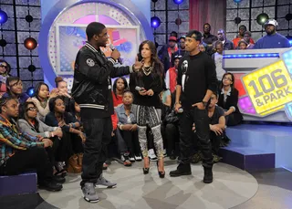 Big K.R.I.T - Big K.R.I.T with Terrence J and Rocsi Diaz at 106 &amp; Park, March 9, 2012. (Photo: John Ricard / BET)