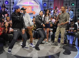 Hey Hey - The Rangers tried to get Terrence J to mimic dance moves at 106 &amp; Park, March 7, 2012. (Photo: John Ricard /BET)