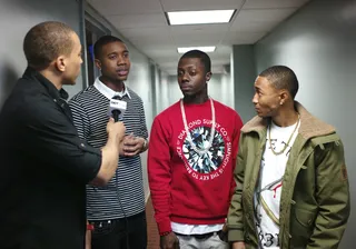 Backstage Action - Tony Anderson of Bet.com interviews Cali Swag District at 106 &amp; Park, March 7, 2012. (Photo: John Ricard /BET)