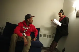 Young Sam Backstage - Young Sam goes over the rundown of the show with producer Stephanie in the green room at 106&amp;Park, March 7, 2012. (Photo: John Ricard /BET)