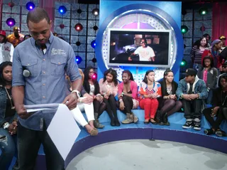 Hold Your Head - Commercial break: Terrence J reviews show notes at 106 &amp; Park, March 05, 2012. (Photo: John Ricard / BET)