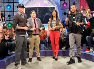 Roll the Clip - Channing Tatum and Jonah Hill with Rocsi and Terrence J. (Photo: Dane Delaney / BET)