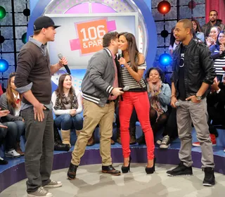 Hey There - Channing Tatum and Jonah Hill with Rocsi and Terrence J (Photo: Dane Delaney / BET)