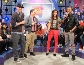 All Laughs - Channing Tatum and Jonah Hill with Rocsi and Terrence J(Photo: Dane Delaney / BET)