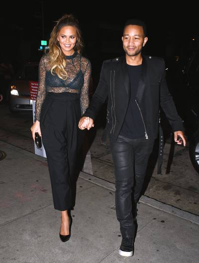 Chrissy Teigen Is Glowing - A pregnant Chrissy Teigen heads to dinner with her husband,&nbsp;John Legend, at Craig's after attending an event at the London hotel with close friend Khloe Kardashian. Looks like Chrissy is inspired by Kim Kardashian's see-through maternity style!   (Photo: Splash News)