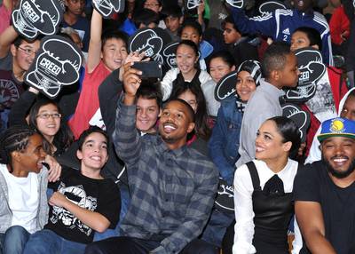The Children Are Our Future - Stars of the upcoming&nbsp;Creed, Michael B. Jordan, Tessa Thompson and director Ryan Coogler,&nbsp;surprise Canadian students with a knockout school donation at Queen Alexandra Middle School in Toronto.(Photo: George Pimentel/WireImage)