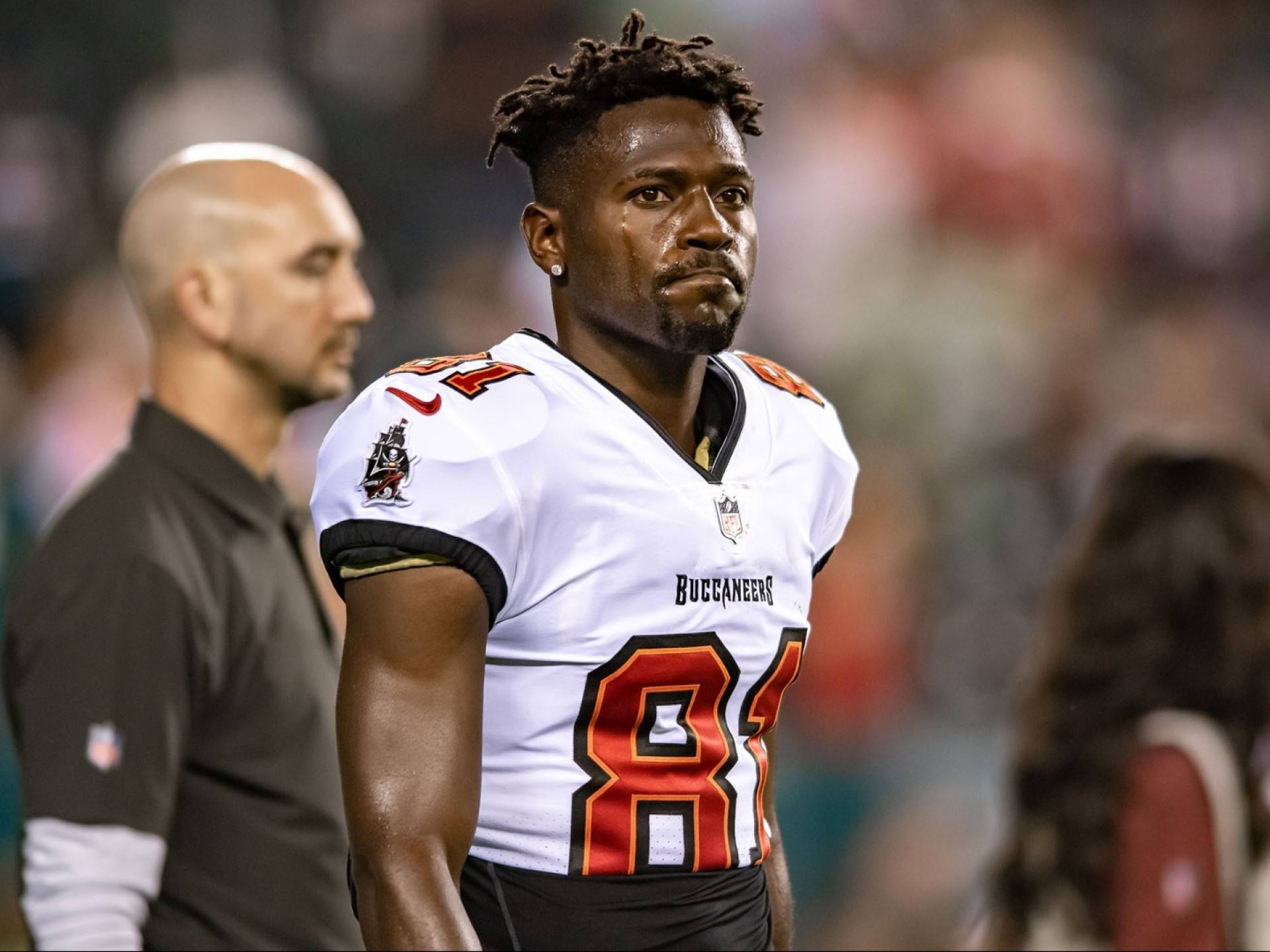 Antonio Brown of the Tampa Bay Buccaneers reacts during the first