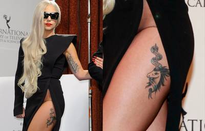 Lady Gaga - This brave lady reveals a unicorn tattoo that bears the title of her latest album Born This Way. Her tattoo is placed on her left thigh and very close to her delicate parts.  (Photos: Andrew H. Walker/Getty Images; Charles Eshelman/FilmMagic/Getty Images)
