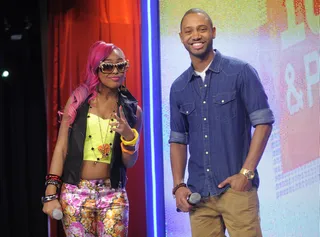 Hey U - Beauty of OMG Girlz with Terrence J at 106 &amp; Park, June 5, 2012. (Photo: John Ricard / BET)