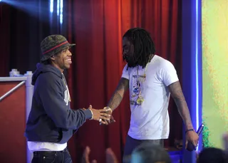 Much Respect - Curren$y and Wale perform "What it Look Like" at 106 &amp; Park, June 4, 2012. (Photo: John Ricard / BET)