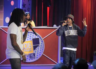 Curren$y &amp; Wale - Curren$y and Wale perform "What it Look Like" at 106 &amp; Park, June 4, 2012. (Photo: John Ricard / BET)