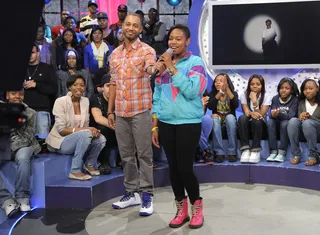 Audience Interaction - Terrence J invites audience member onstage to introduce the first video of the day at 106 &amp; Park, June 4, 2012. (Photo: John Ricard / BET)