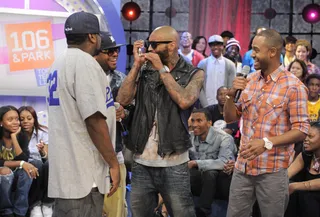 Holla - When Royce Da 5' 9" receives a phone call on set, Terrence J and Joe Budden answer it at 106 &amp; Park, June 4, 2012. (Photo: John Ricard / BET)