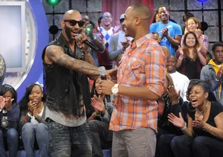 LOL - Joe Budden tells Terrence J about an encounter with Wacka Flocka Flame Summer Jam, at 106 &amp; Park, June 4, 2012. (Photo: John Ricard / BET)