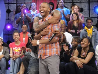 LOL - Joe Buddens and Terrence J hanging out on set at BET's 106 &amp; Park, June 4, 2012. (Photo: John Ricard / BET)