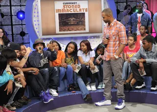 Whoa - Curren$y is interviewed from the audience by Terrence J at 106 &amp; Park, June 4, 2012. (Photo: John Ricard / BET)