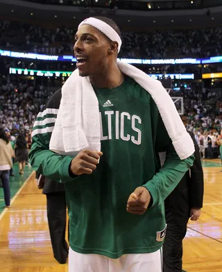 Paul Pierce - Paul Pierce of the Boston Celtics keeps his scoring drive alive with the addition of his signature headpiece.&nbsp;  (Photo: Jim Rogash/Getty Images)