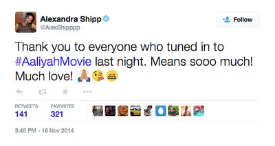 Alexandra Shipp, @AlexShipppp - Despite the Aaliyah biopic receiving so much backlash on Twitter and in&nbsp;blog reviews, clearly lead actress Alexandra is still happy with the film (at least someone enjoyed it). #SipsTea(Photo: Alexandra Shipp via Twitter)
