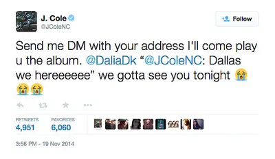 J. Cole, @JColeNC - J. Cole suprised us all with the announcement of his third studio album, 2014 Forest Hills Drive. But he took it to the next level by suprising a lucky fan with a personal listening session — and all she had to do was slide her addy in his DMs. #DreamvilleIsReal(Photo: J. Cole via Twitter)