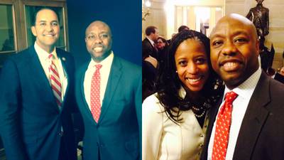 Party of Three - After their respective swearing-in ceremonies, South Carolina Sen. Tim Scott called on the House's two new Black Republican members, Mia Love (Utah) and Will Hurd (Texas), to welcome them to Congress.   (Photos: Courtesy of Office of Senator Tim Scott)