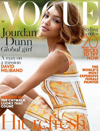Jourdan Dunn on British Vogue&nbsp; - Looking otherworldly beautiful in a printed shift dress, Jourdan makes history as the first Black model to land a solo cover for British Vogue in more than 12 years! #2015YearOfTheDunn (Photo: British Vogue Magazine, February 2015)