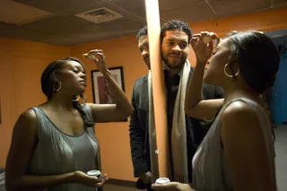 Looking Good, Lady - Nadine Ellis preps in the green room as Bert Belascoat looks on at 106 &amp; Park, January 17, 2012. (Photo: John Ricard / BET)