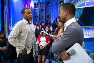 Almost There - Anthony Mackie chats with Terrence J during commercial break at 106 &amp; Park, January 17, 2012. (Photo: John Ricard / BET)