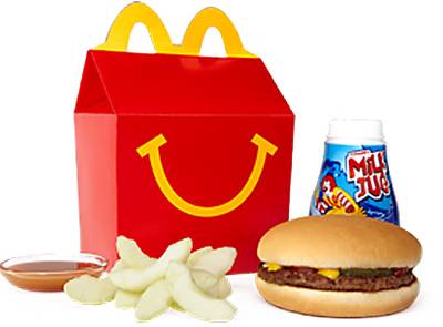 McDonald’s Happy Meal - A happy meal, which includes a single hamburger, a side of apple dippers and 1 percent low-fat milk, has 390 calories and 11 grams of fat.&nbsp;(Photo: Courtesy of McDonald's)