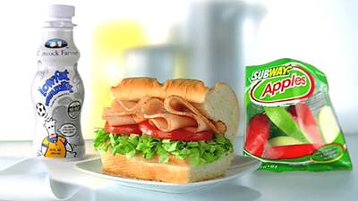Subway Fit Fresh for Kids Meal - A black forest ham mini sub with apple slices and 1 percent low-fat milk totals 375 calories and 6 grams of fat.(Photo: Courtesy of Subway)