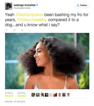 Solange Knowles, @solangeknowles - Solange showed solidarity by pointing out that she herself has been the target of Fashion Police's mean-spirited attacks.(Photo: Solange Knowles via Twitter)