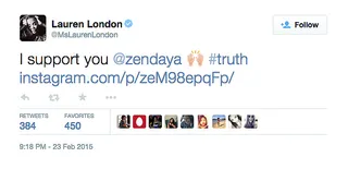 Lauren London, @MsLaurenLondon - The Game star was one of many stars to retweet Zendaya's post.(Photo: Lauren London via Twitter)