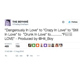 More news on one more song... - A song produced by Hit-Boy called &quot;F**k Love.&quot; That title is... everything.(Photo: The Bey Hive Team via Twitter)