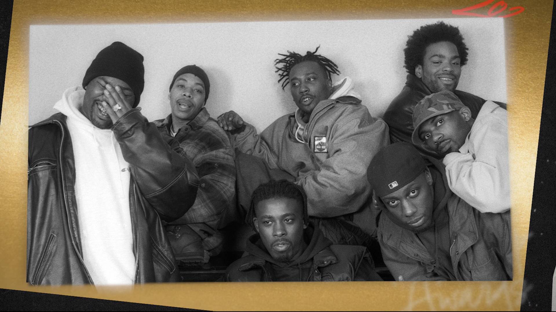 Legendary hip hop group Wu-Tang Clan members pictured in black and white.