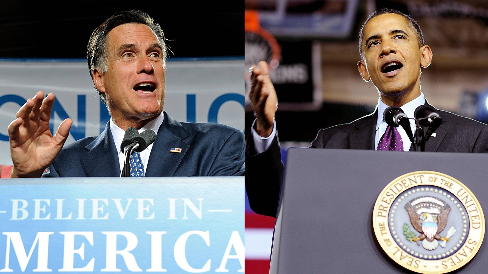 Obama vs. Romney - Mitt Romney is gaining ground on President Obama, according to a Reuters/Ipsos poll released Jan. 10. Obama leads Romney by 48 percent to 43 percent, compared to 48 percent to 40 percent a month ago.&nbsp;(Photos from Left to right: Ethan Miller/Getty Images, EPA/CJ GUNTHER /LANDOV)