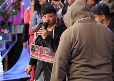 Look at Me Now - Freestyle Friday competitor attacks Relly at 106 &amp; Park, December 30, 2011. (Photo: John Ricard / BET)