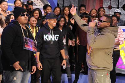 Fighting Words - Freestyle Friday competitor Relly delivers his best against Kris Payne at 106 &amp; Park, December 30, 2011. (Photo: John Ricard / BET)