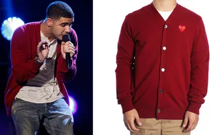 Drake's Cozy Sweater - This Comme des Garcons “Play” merino wool cardigan that Drake rocked at the ‘09 BET Awards still makes a perfect gift for the man you know wears his heart on his sleeve (or woman!).&nbsp;  (Photos from left: Vince Bucci/PictureGroup, Courtesy Wish)