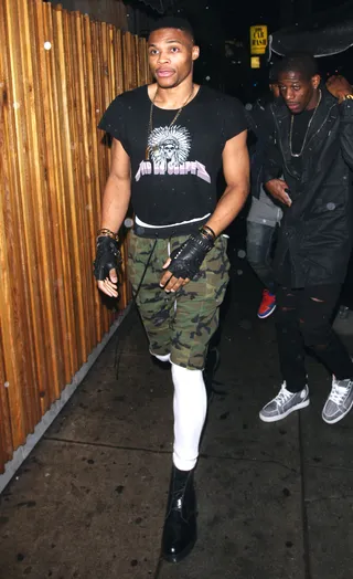 Russell Westbrook Is Feelin' for Fashion - Russell Westbrook hits The Nice Guy Club in West Hollywood rocking one of his eccentric ensembles.&nbsp;(Photo: Photographer Group / Splash News)