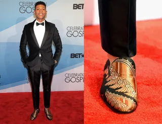 Wearing the Armor - Bryshere 'Yazz' Gray puts on his marching shoes. These gold embroidered loafers are sick!(Photos: Jason Kempin/Getty Images for BET)