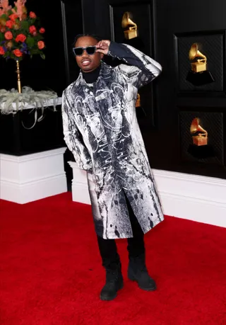 Roddy Ricch demanded attention in this patterned ensemble.&nbsp; - (Photo by Jay L. Clendenin / Los Angeles Times via Getty Images)