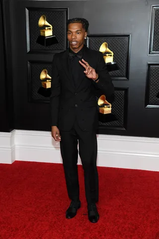Lil Baby opted for an all black look at the 2021 Grammys.&nbsp; - (Photo by Kevin Mazur/Getty Images for The Recording Academy )