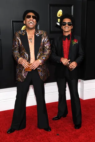 Anderson .Paak and Bruno Mars gave us 70s vibes with their custom 'fits. - (Photo by Kevin Mazur/Getty Images for The Recording Academy )