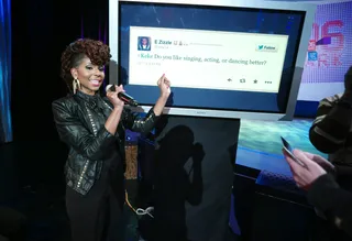 Twitter Board - Miss Mykie prepares to check the Twitter board at 106 &amp; Park, October 01, 2012. (Photo: John Ricard / BET).