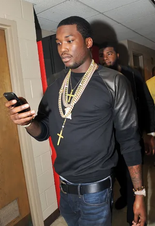 iPhone 5 Chainz - If wearing five chains weren't enough Meek Mill stunts on us even harder by showing off what we suspect is the iPhone 5. Of course we can't confirm that this is an iPhone 5 because, well, no one has received there order yet. (Photo: Moses Robinson/Getty Images for BET)