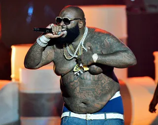 Rick Ross - This may be Rick Ross' pricey outfit of them all. Adorned in millions of dollars worth of jewelry and thousands more in torso covering tattoos, the shirtless rapper set the stage ablaze at the 2012 BET Hip Hop Awards after performing hits like "Hold Me Back" and "Ice Cold" with Omarion.&nbsp;(Photo: Rick Diamond/Getty Images for BET)