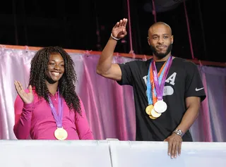 The Wave - Angelo Taylor and Claressa Shields shoot an opening segment in the crows nest high above the audience at 106 &amp; Park, September 26, 2012. (photo: John Ricard / BET).