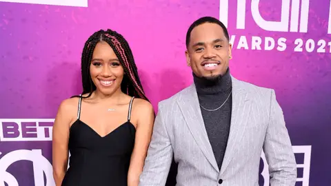 Christina Hammond and Mack Wilds attend The “2021 Soul Train Awards” Presented By BET at The Apollo Theater on November 20, 2021 in New York City. 