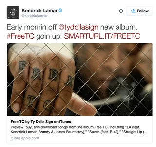 Honorable Mention - Ty Dolla $ign gets a nod from the TDE homie Kendrick Lamar.&nbsp;(Photo: Kendrick Lamar via Twitter)