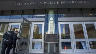 LOS ANGELES, CA - NOVEMBER 16, 2020: Photograph shows the front entrance to LAPD Headquarters on 1st St. in downtown Los Angeles. (Mel Melcon / Los Angeles Times via Getty Images)