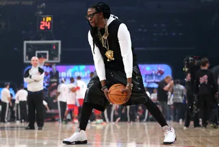 Ball Out - Rapper 2 Chainz plays basketball in leather basketball shorts at halftime during the 2013 NBA All-Star game at the Toyota Center in Houston.&nbsp; (Photo: Ronald Martinez/Getty Images)
